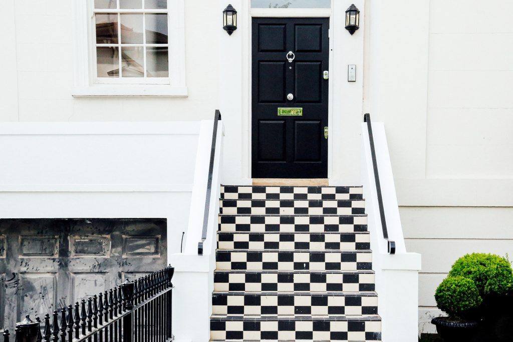 black and white door step tiles