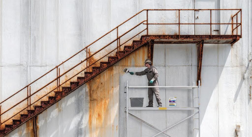 Ein Handwerker auf einem Gerüst trägt den säurefreien Rostentferner FILA NORUST XL auf eine weiße, von Rostflecken betroffene Wand auf. Das Gel verfärbt sich beim Farbumschlag violett. Im Vordergrund sind die 1-Liter- und 5-Liter-Kanister zu sehen.
